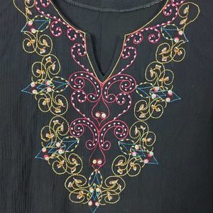 Kanda Black Cotton Gauze Embroidered 3/4 Sleeve Tunic M Boho Hippie